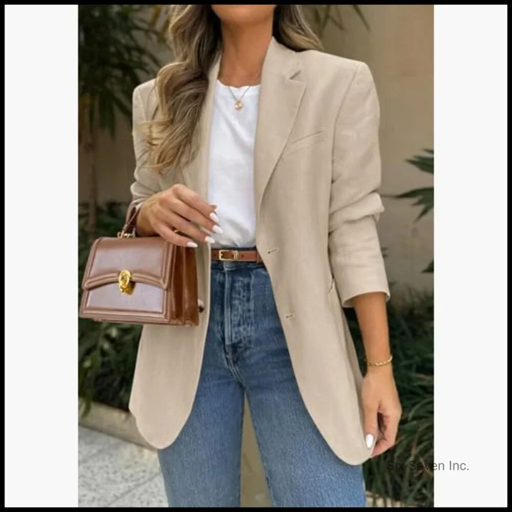 Long Sleeve Open Front Blazer with Pockets, Notch Lapel - Picture 3 of 7